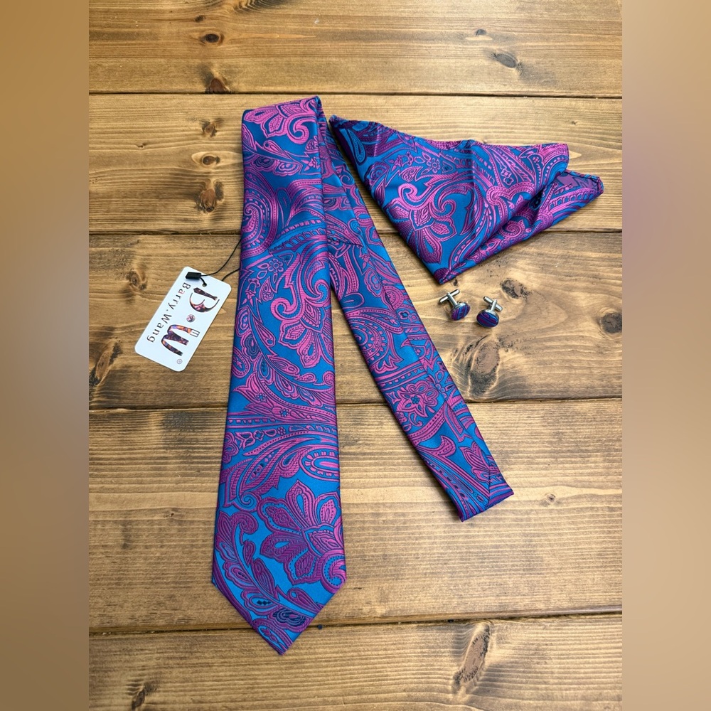 Fashion Mens Tie Blue Pink Paisley Necktie Handkerchief Cufflinks Set Wedding